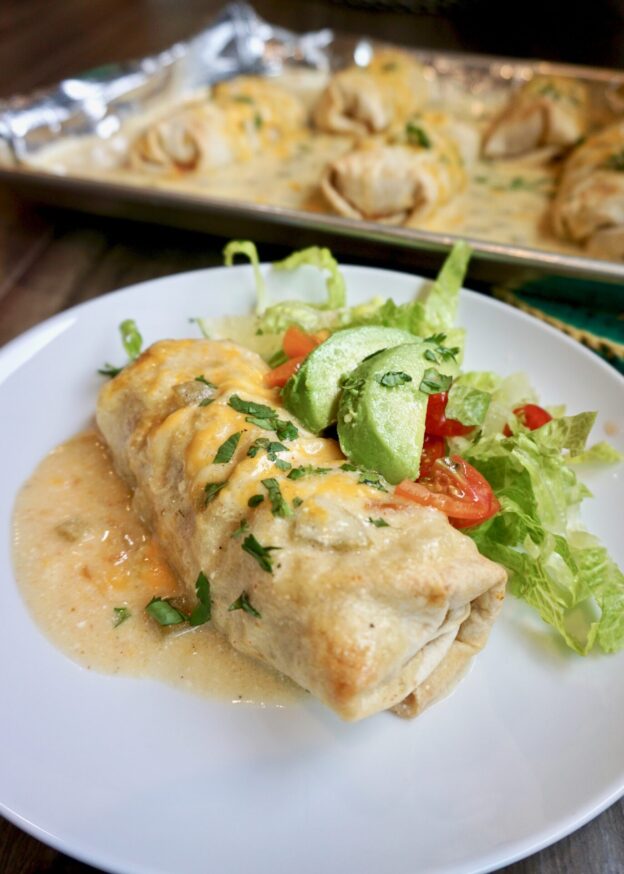 Smothered Chicken Burritos with Green Chile Sauce | A Hint of Honey